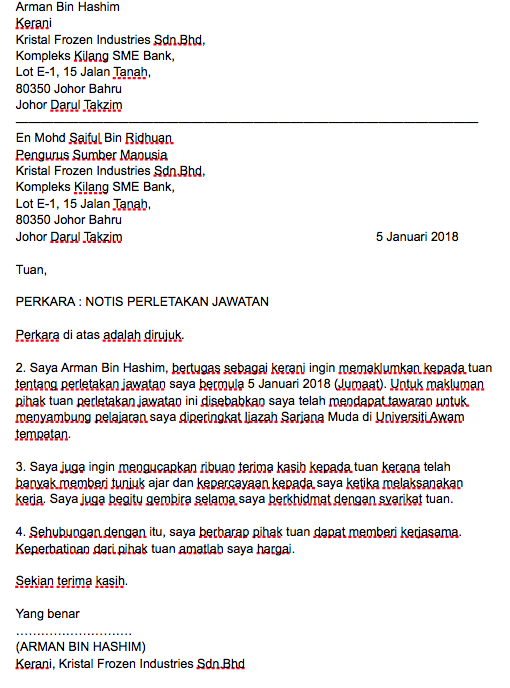 Contoh Surat Berhenti Kerja Dalam Bahasa Melayu & Bahasa Inggeris