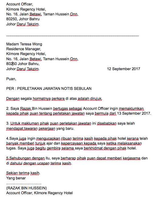Surat Rasmi Berhenti Kerja Kilang - Malacca z