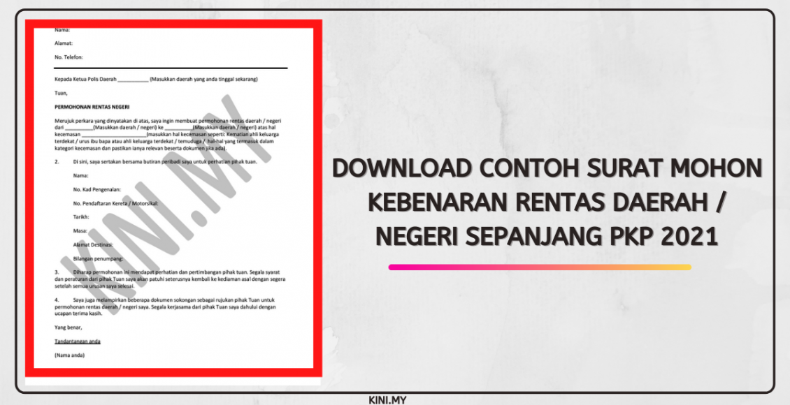Download Contoh Surat Mohon Kebenaran Rentas Daerah / Negeri Sepanjang PKP 2021