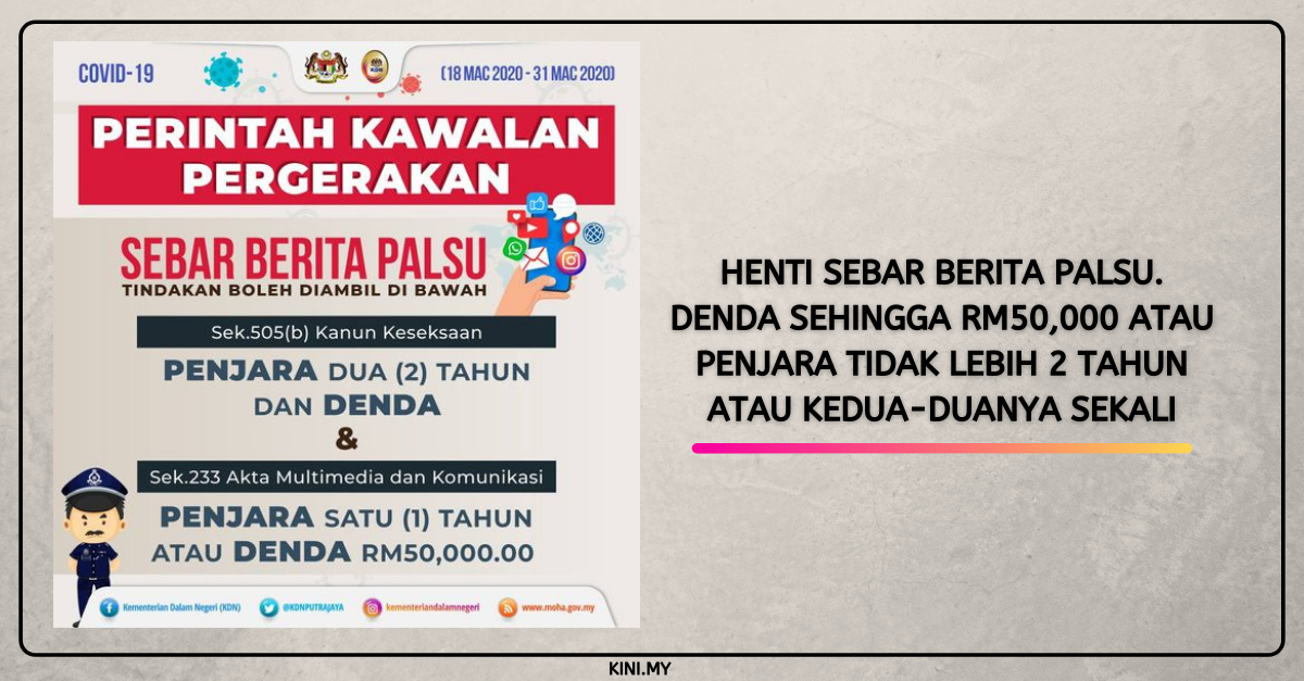 Henti Sebar Berita Palsu. Denda Sehingga RM50,000 Atau Penjara Tidak Lebih 2 Tahun Atau Kedua-Duanya Sekali