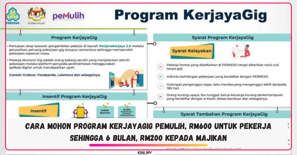 Cara Mohon Program KerjayaGIG PEMULIH, RM600 Untuk Pekerja Sehingga 6 Bulan, RM200 Kepada Majikan
