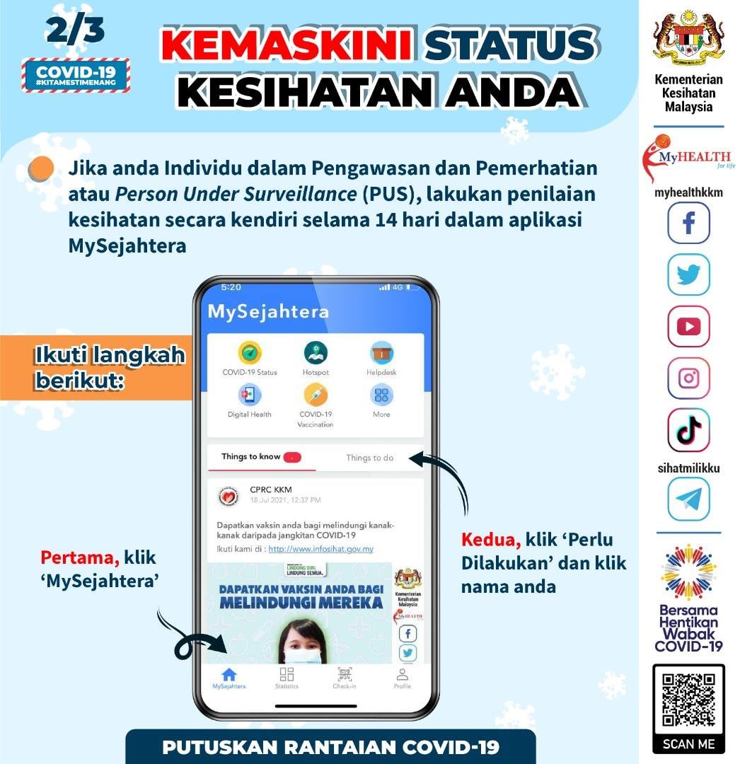 Individu Positif Covid-19, Perlu Kemaskini Status Kesihatan Anda Di MySejahtera Ya! Ini Caranya