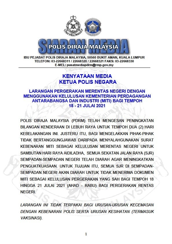 Tak Boleh Rentas Negeri Guna Surat MITI Untuk Pulang Beraya Ya! Ini Penjelasan PDRM