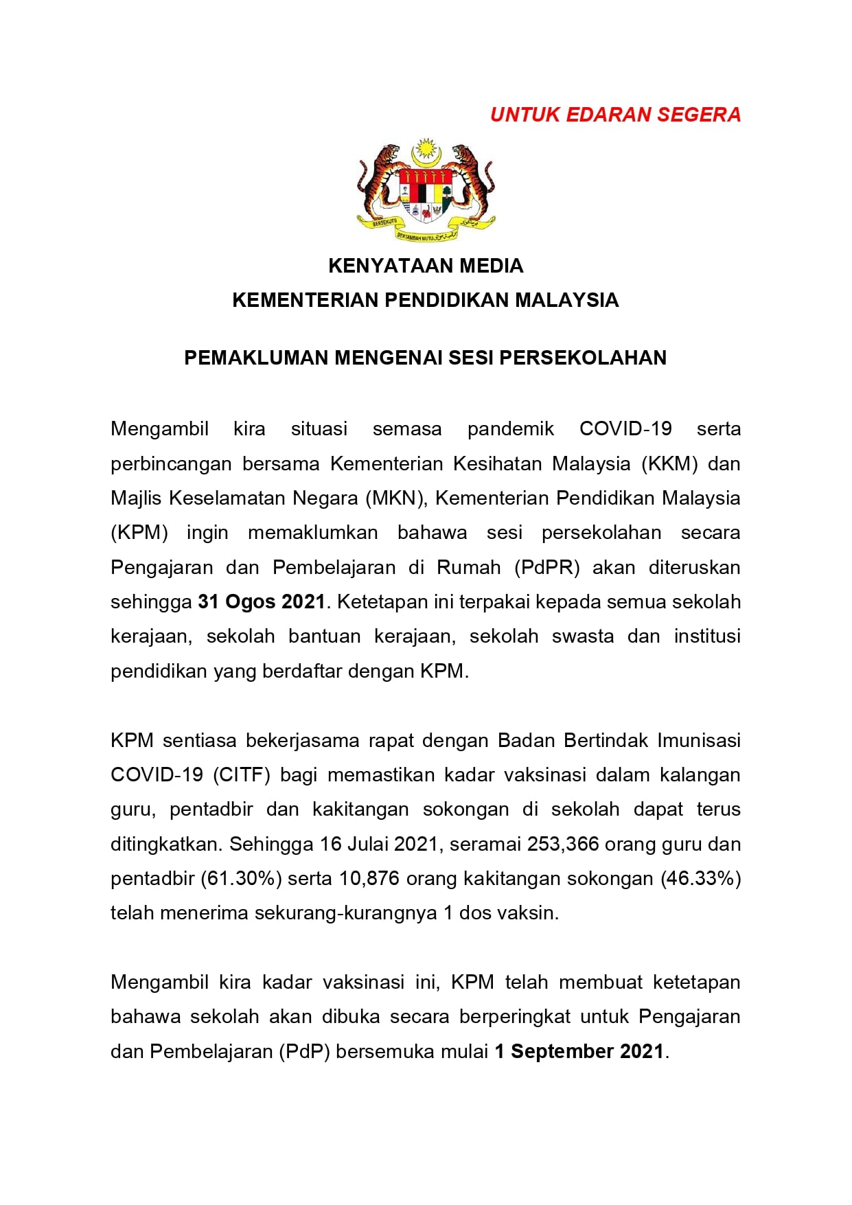 PDPR Dilanjutkan Sehingga 31 Ogos. Ini Jadual PDPR & Sekolah Dibuka Secara Berperingkat Pada 1 September