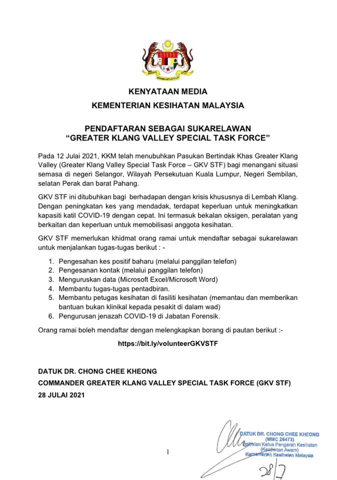 Pendaftaran Sebagai Sukarelawan “Greater Klang Valley Special Task Force”. Jom Sumbangkan Tenaga Anda