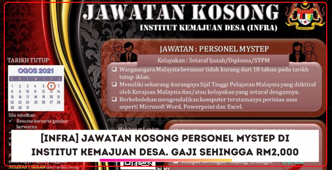 [INFRA] Jawatan Kosong Personel MyStep Di Institut Kemajuan Desa. Gaji Sehingga RM2,000