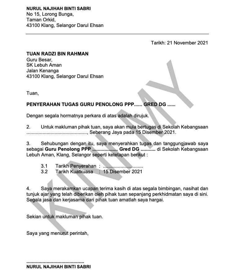 Contoh Surat & Nota Serah Tugas Guru. Download Disini Sahaja