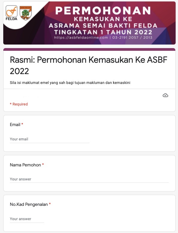 Cara Mohon Kemasukan Ke Asrama Semai Bakti FELDA Tingkatan 1. Klik Puatan Ini Untuk Permohonan
