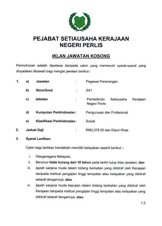 Jawatan Kosong Pegawai Penerangan S41 Secara Kontrak Di Pentadbiran SUK Negeri Perlis