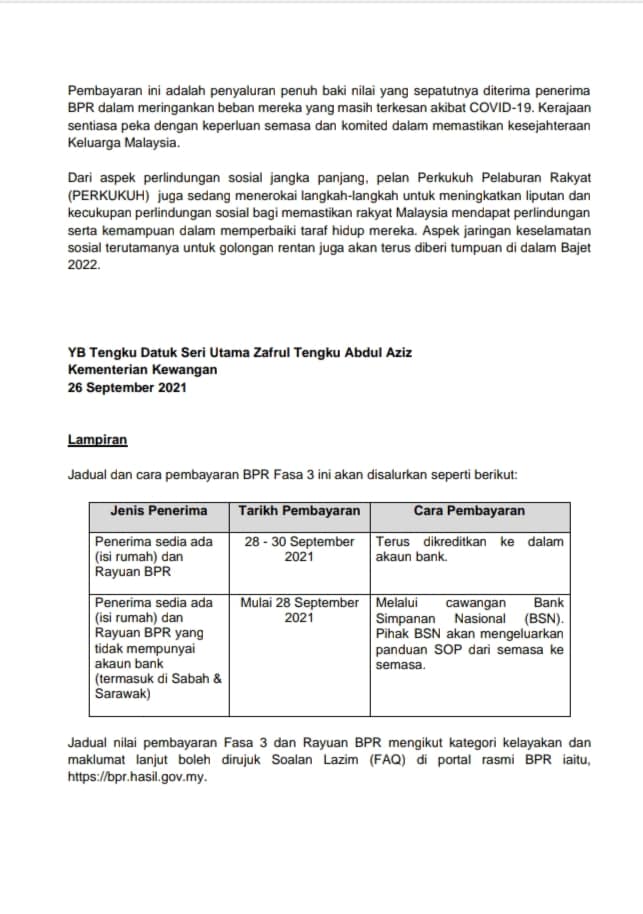 Bayaran BPR Fasa 3 & Rayuan Dikreditkan Mulai 28 September 2021. Jangan Lupa Check Akaun Anda Nanti