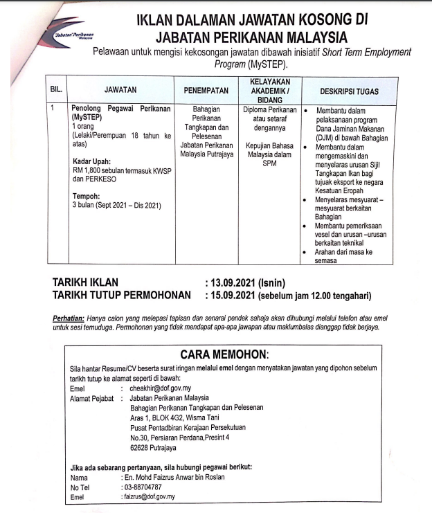 Cara Mohon Jawatan Kosong Penolong Pegawai Perikanan Personel MySTEP Jabatan Perikanan Malaysia
