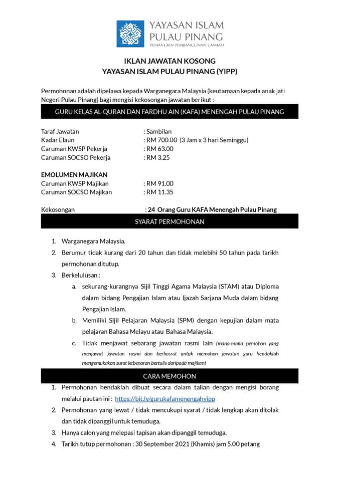 Jawatan Kosong: Guru KAFA Menengah Yayasan Islam Pulau PInang. Ini Syarat Permohonan