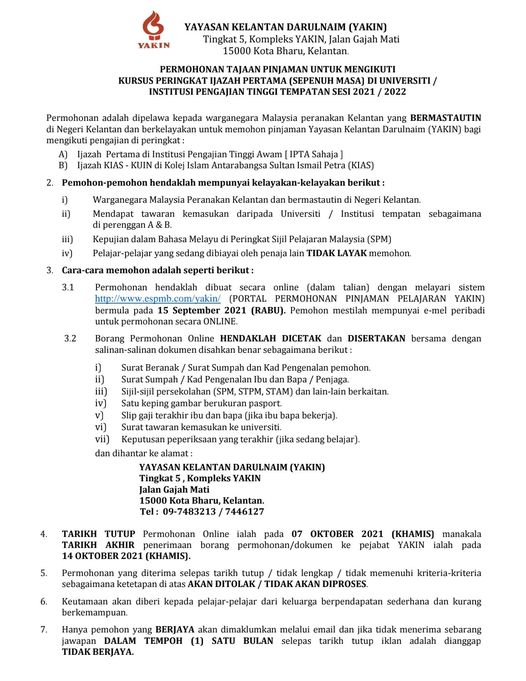 Cara Mohon Pinjaman Yayasan Kelantan DarulNaim (YAKIN) IPTA Sesi 2021/2022