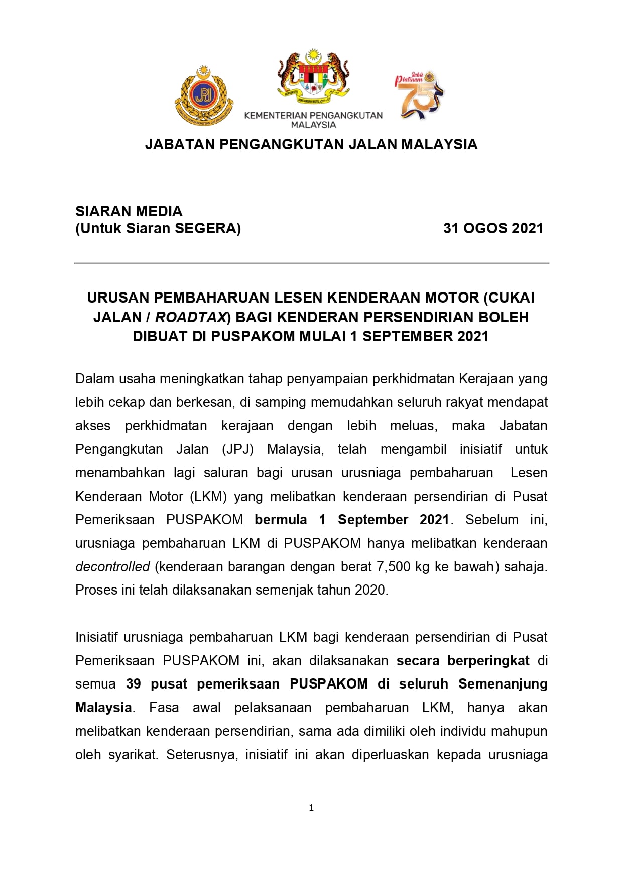 Renew Roadtax Dah Boleh Buat Di Puspakom Mulai 1 September Ini. Pastikan Buat Temujanji Dahulu Ya!