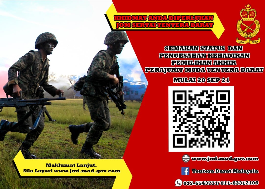 Semakan Status & Pengesahan Kehadiran Pemilihan Akhir Perajurit Muda Tentera Darat. Klik Sini Untuk Semakan