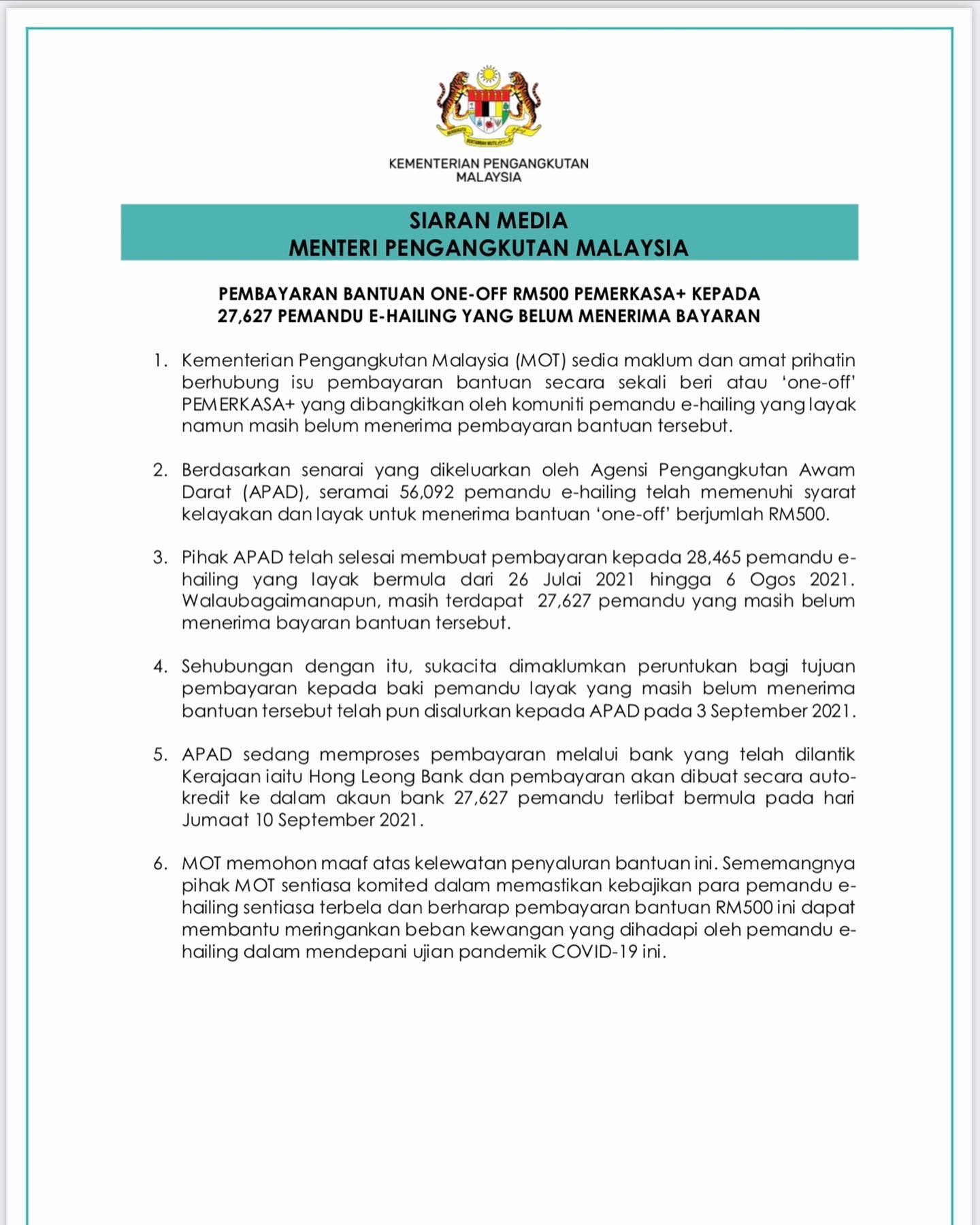 Tarikh Bayaran RM500 Bantuan Pemandu E-Hailing Yang Belum Terima Bermula 10 September 2021