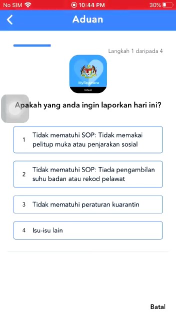 Lapor Premis Langgar SOP Melalui MySejahtera. Klik Salah Satu Isu & Buat Laporan Anda