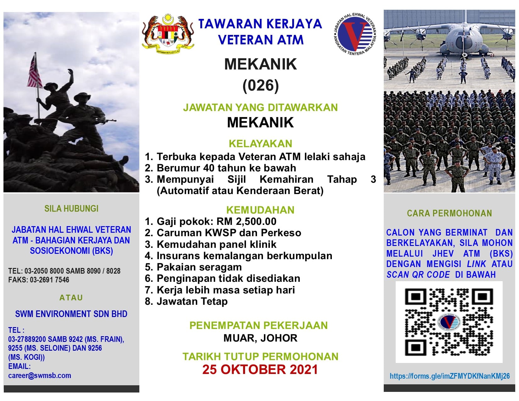 Jawatan Assistant GCM & Mekanik Ditawarkan Kepada Veteran ATM. Gaji Sehingga RM2,500