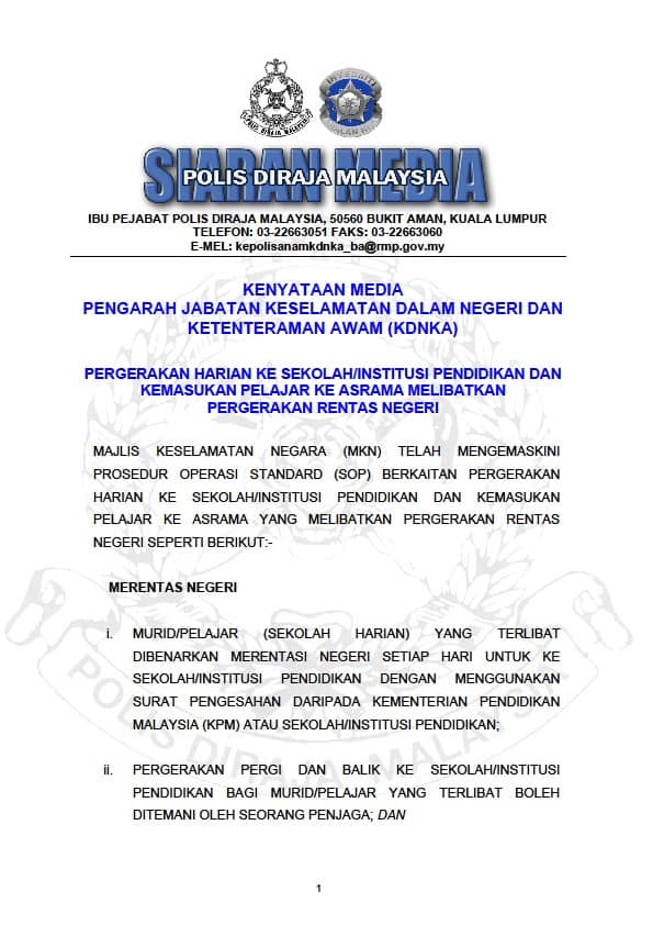 [Kemaskini] Pergerakan Harian Ke Sekolah/Institusi Pendidikan & Kemasukan Pelajar Ke Asrama Melibatkan Rentas Negeri
