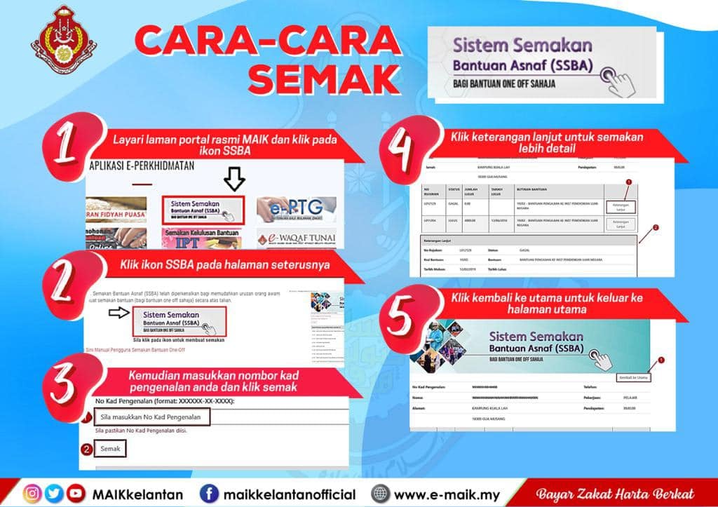 Guna Sistem Semakan Bantuan Asnaf (SSBA) Untuk Check Bayaran Bantuan Zakat MAIK. Lebih Mudah & Efektif!