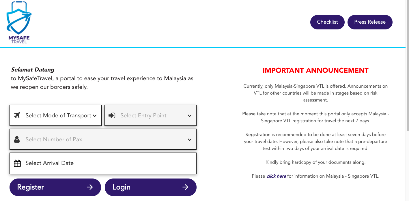 Cara Daftar Laluan Perjalanan Lengkap Vaksin-Laluan Dart (VTL-Land) Malaysia-Singapore
