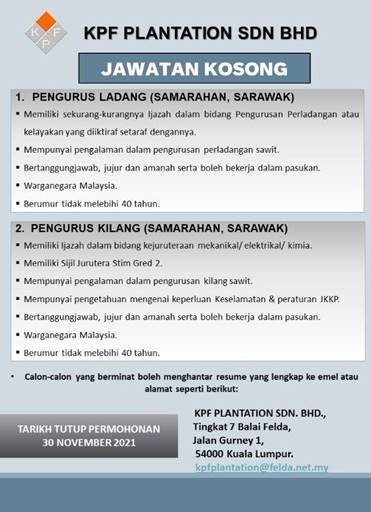 Jawatan Kosong KPF Plantation Sdn Bhd Untuk Graduan Ijazah & Lepasan SPM. Klik Sini Untuk Mohon