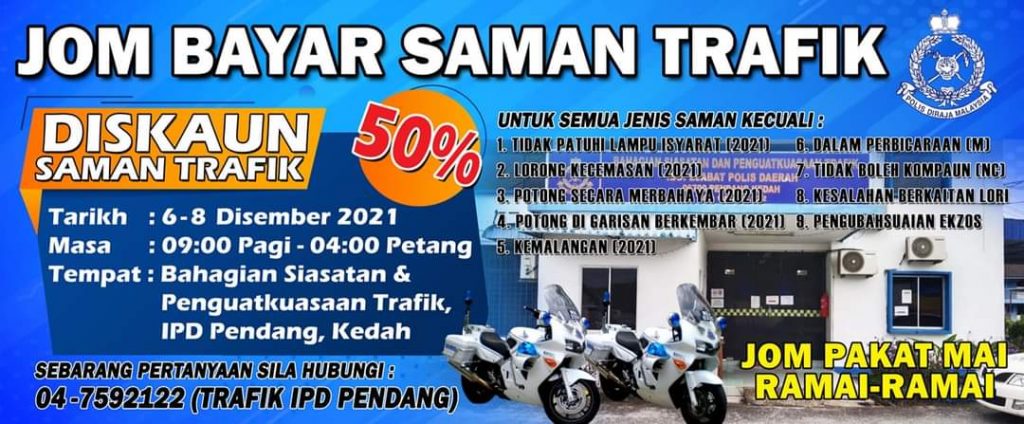 Diskaun Bayaran Saman Trafik Sehingga 50% Di 7 Buah Negeri. Jom Setel Saman!