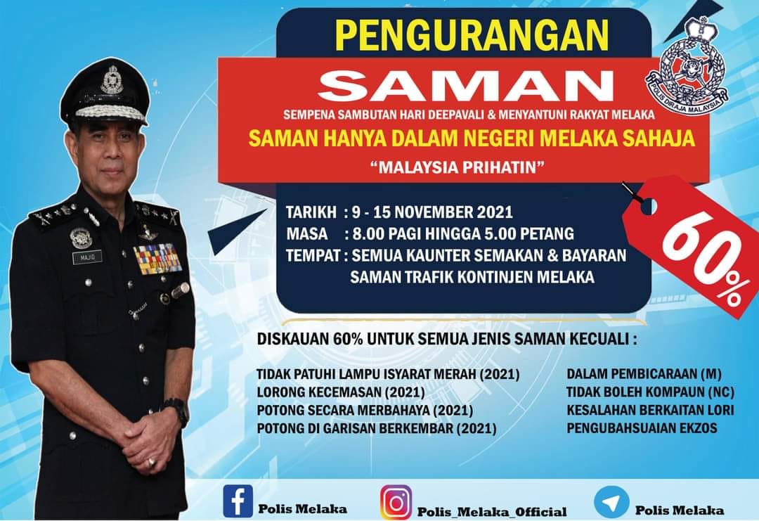 Diskaun Saman Trafik 60% Dalam Negeri Melaka. Jom Setelkan Saman!