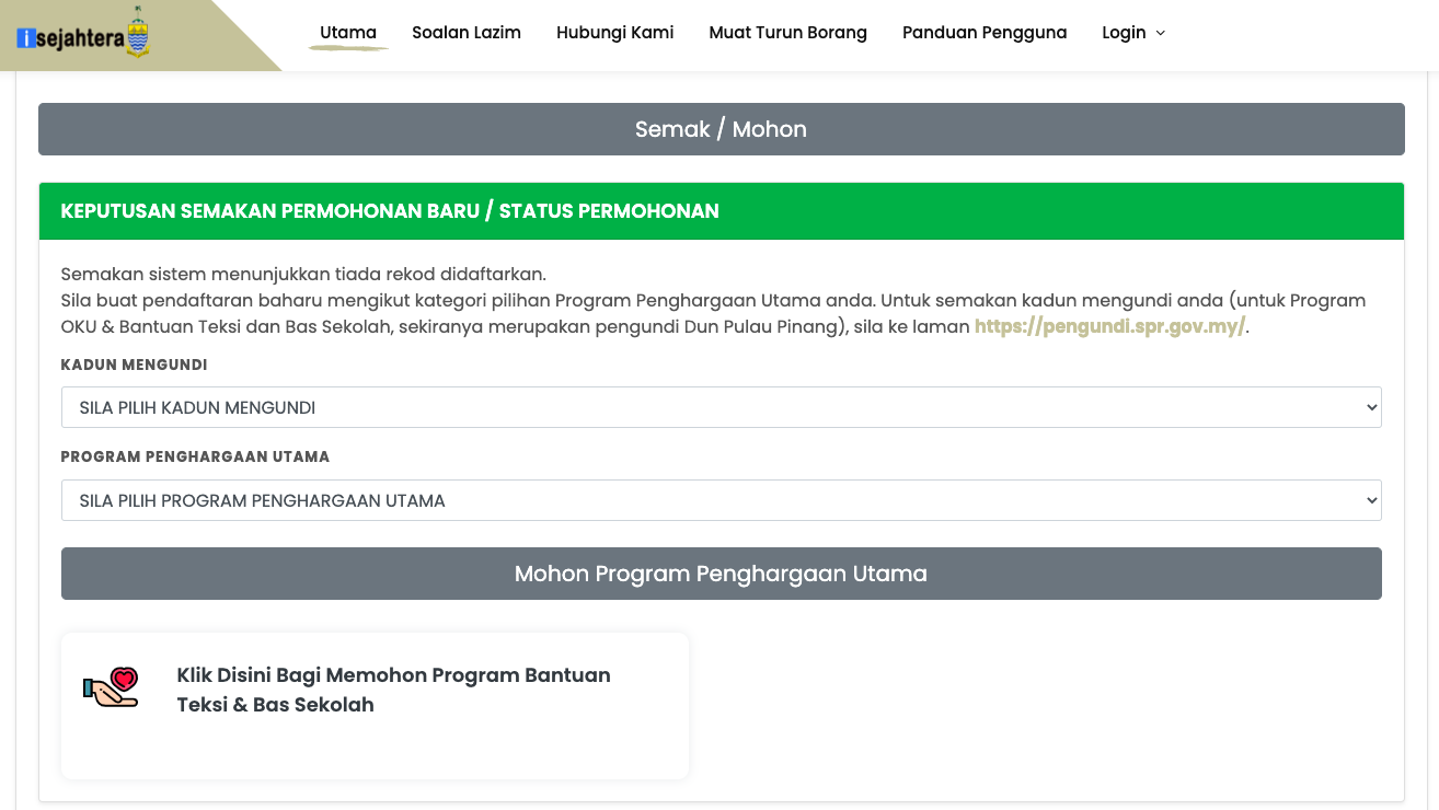 Cara Mohon Bantuan Insentif Teksi & Bas Sekolah iSejahtera Pulau Pinang