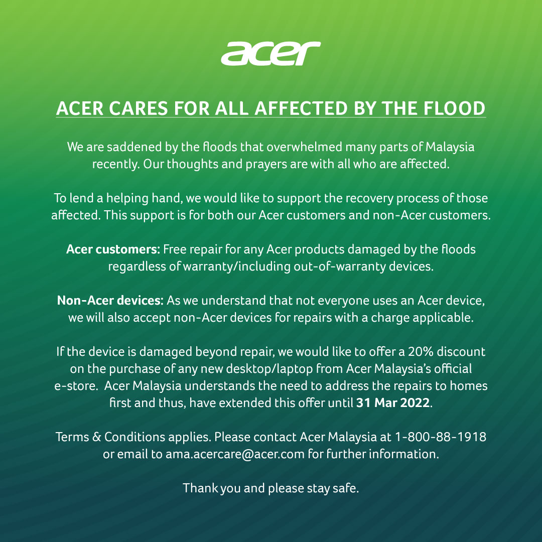 Laptop, PC Keluaran Acer Rosak Terkena Banjir? Percuma Untuk Dibaiki & Diskaun 20% Beli Baru
