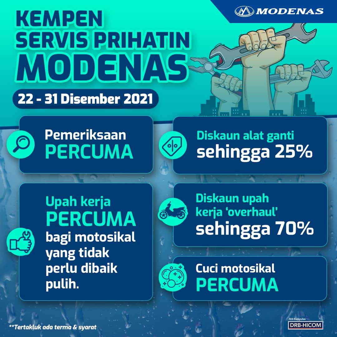 Kempen Servis Prihatin MODENAS: Tawaran Diskaun, Pemeriksaan, Cuci & Upah Kerja Percuma Buat Mangsa Banjir