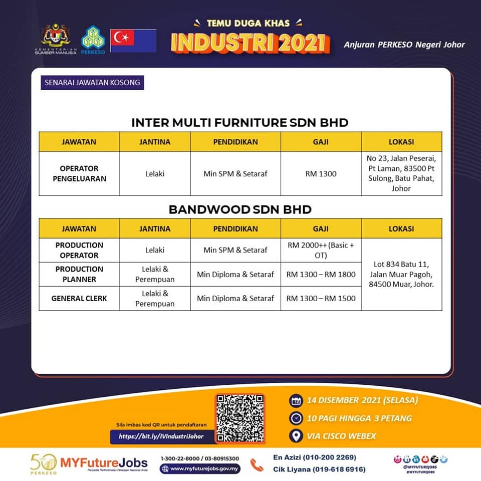 Daftar Segera Untuk Mohon Temuduga Khas Industri Pembuatan Perabot PERKESO Negeri Johor.  Dapat Elaun SIP Sehingga RM300 Sebulan!