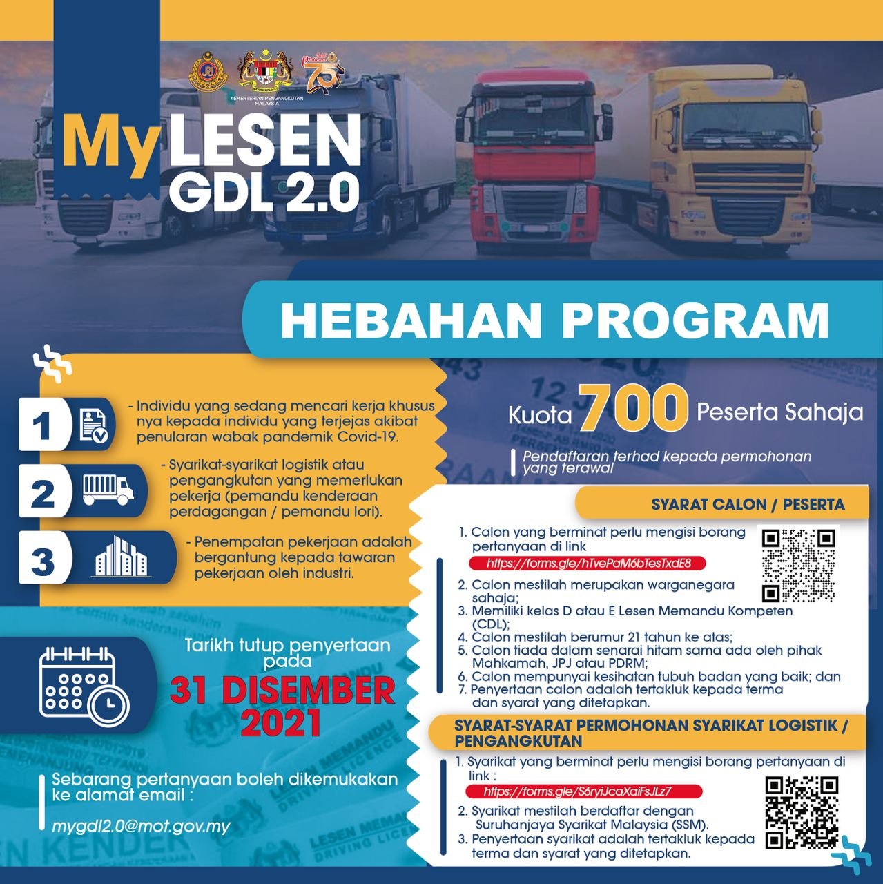 Program Pembangunan Pemandu Kenderaan Perdagangan MyLesen GDL 2.0 Tahun 2021. Semak Cara Mohon Disini