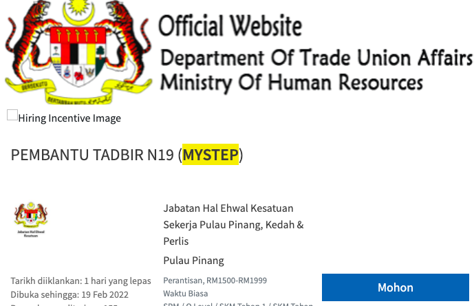 Cara Mohon Jawatan Personel MySTEP Pembantu Tadbir N19 Lepasan SPM Di Jabatan Hal Ehwal Kesatuan Sekerja 